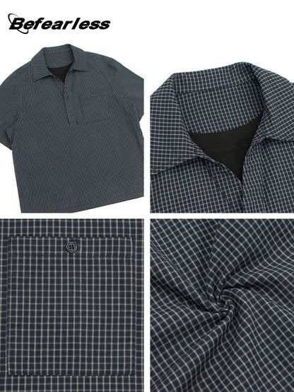 Plaid Fake Layered Half-Placket Polo Collar Pocket Short Sleeve Shirt WN26347