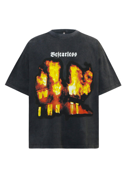 Washed Heavyweight Flame Print Oversize Short Sleeve T-Shirt WN26363