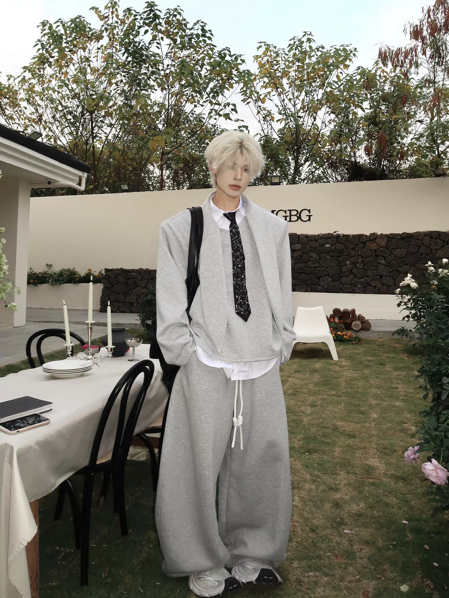 Double Collar Tie Shoulder-Pad Pullover Sweatshirt WN19920