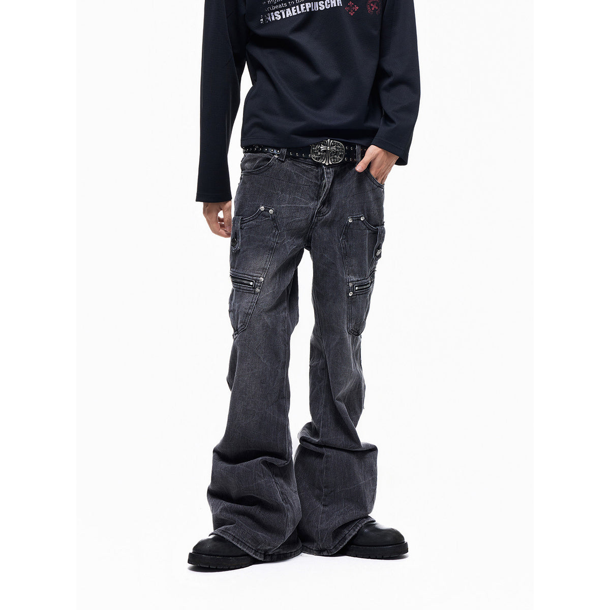 Multi-Pocket Panel Washed Wide Leg Denim Jeans WN27345