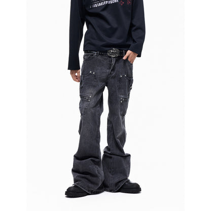 Multi-Pocket Panel Washed Wide Leg Denim Jeans WN27345