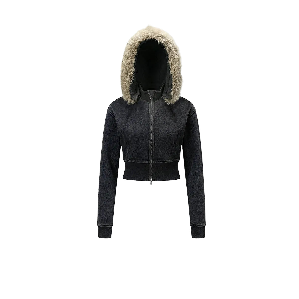 Fake Fur Lining Zip-Up Cropped Zipper Hoodie WN23115