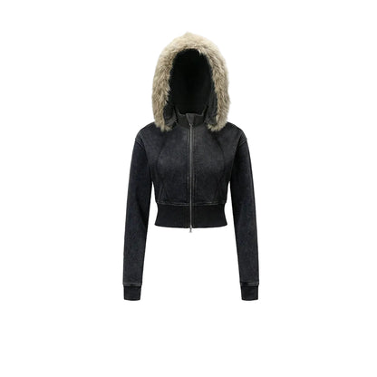Fake Fur Lining Zip-Up Cropped Zipper Hoodie WN23115