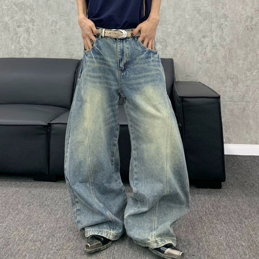 Curved Line Washed Wide Leg Denim Jeans WN22192