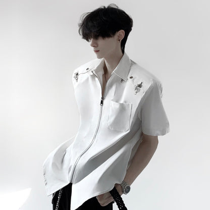 Metal Deconstruction Shoulder-Pad Zipper Short Sleeve Shirt WN20334
