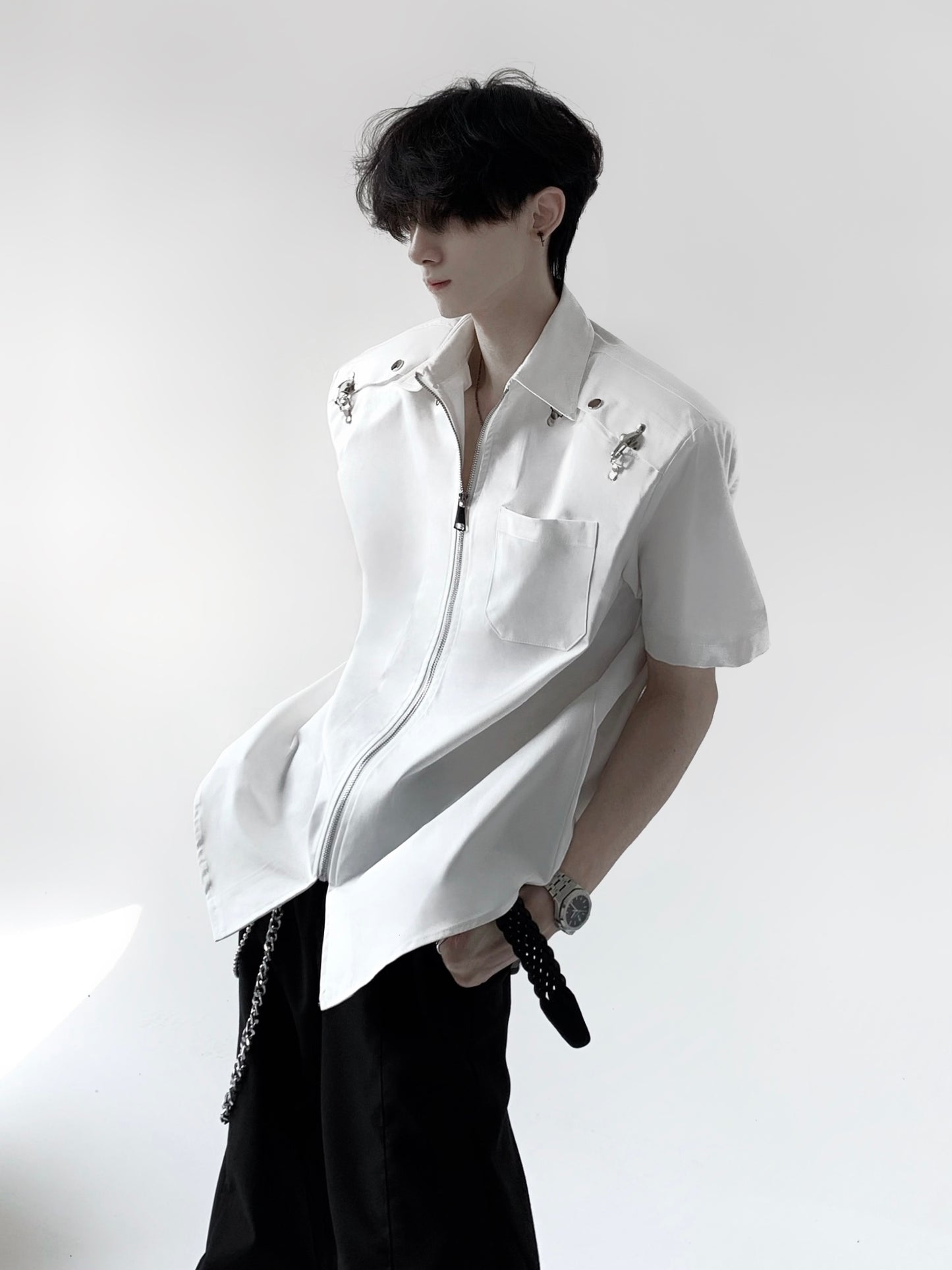 Metal Deconstruction Shoulder-Pad Zipper Short Sleeve Shirt WN20334