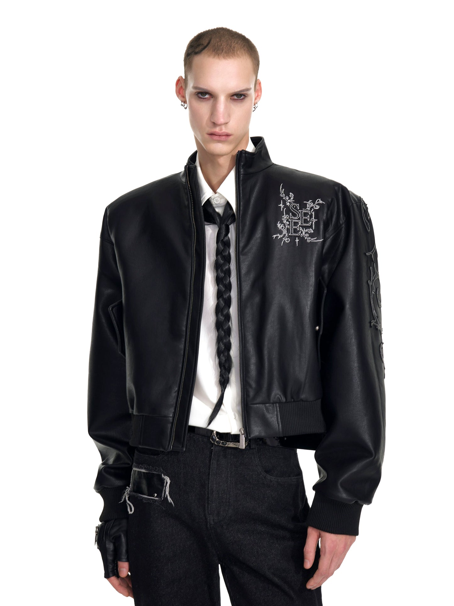 Back Metal Letter Embroidery PU Leather Zipper Jacket WN20936