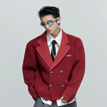 Sequin Textured Deep V Double-Breasted Knit Jacket WN21699