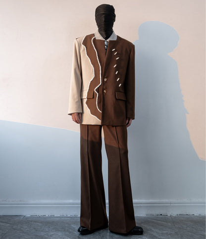 Brushed Color Block Oversize Tailored Jacket & Wide Leg Trousers Setup WN23649