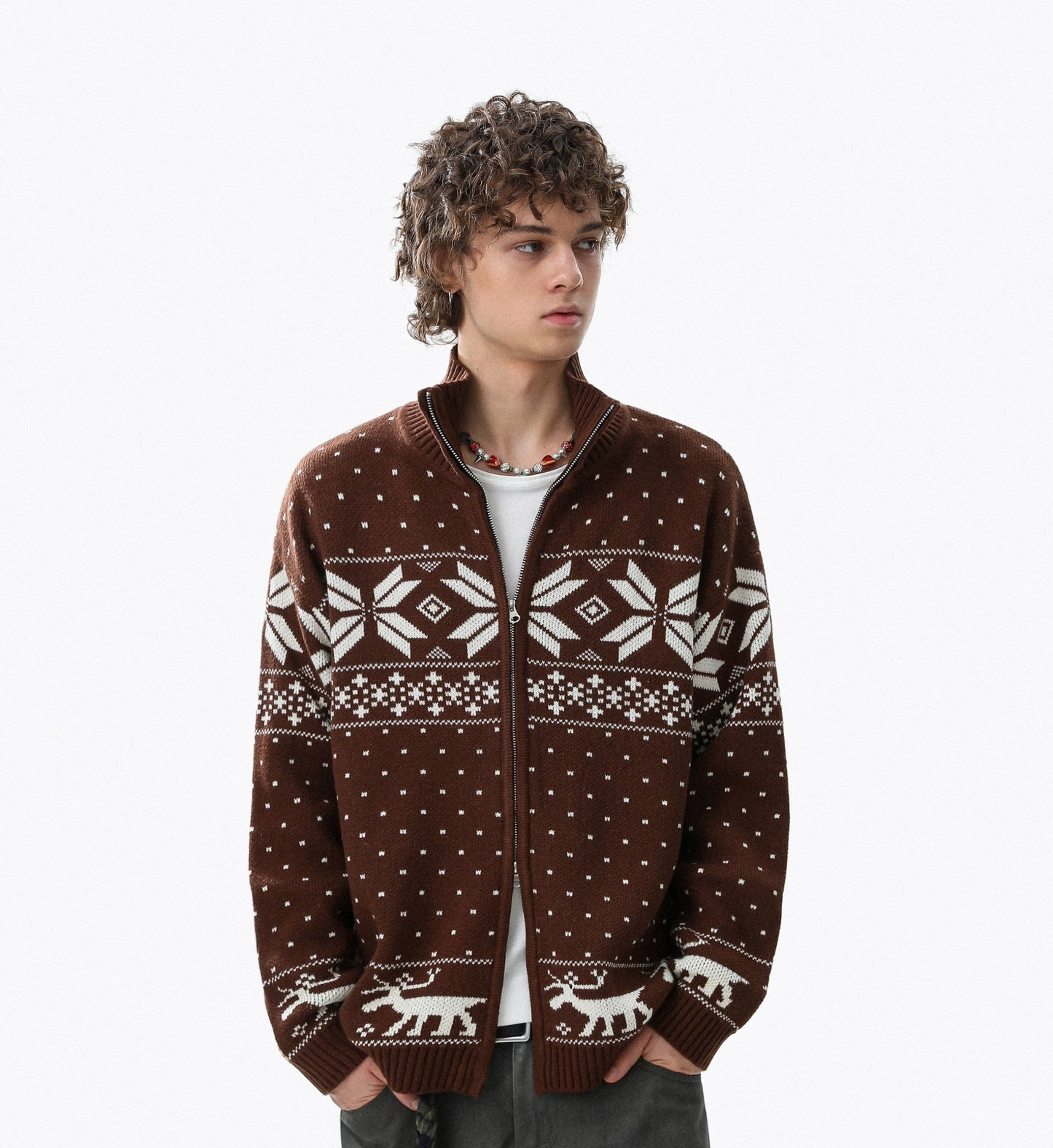 Snowflake Zipper Stand Neck Knit Sweater WN22102