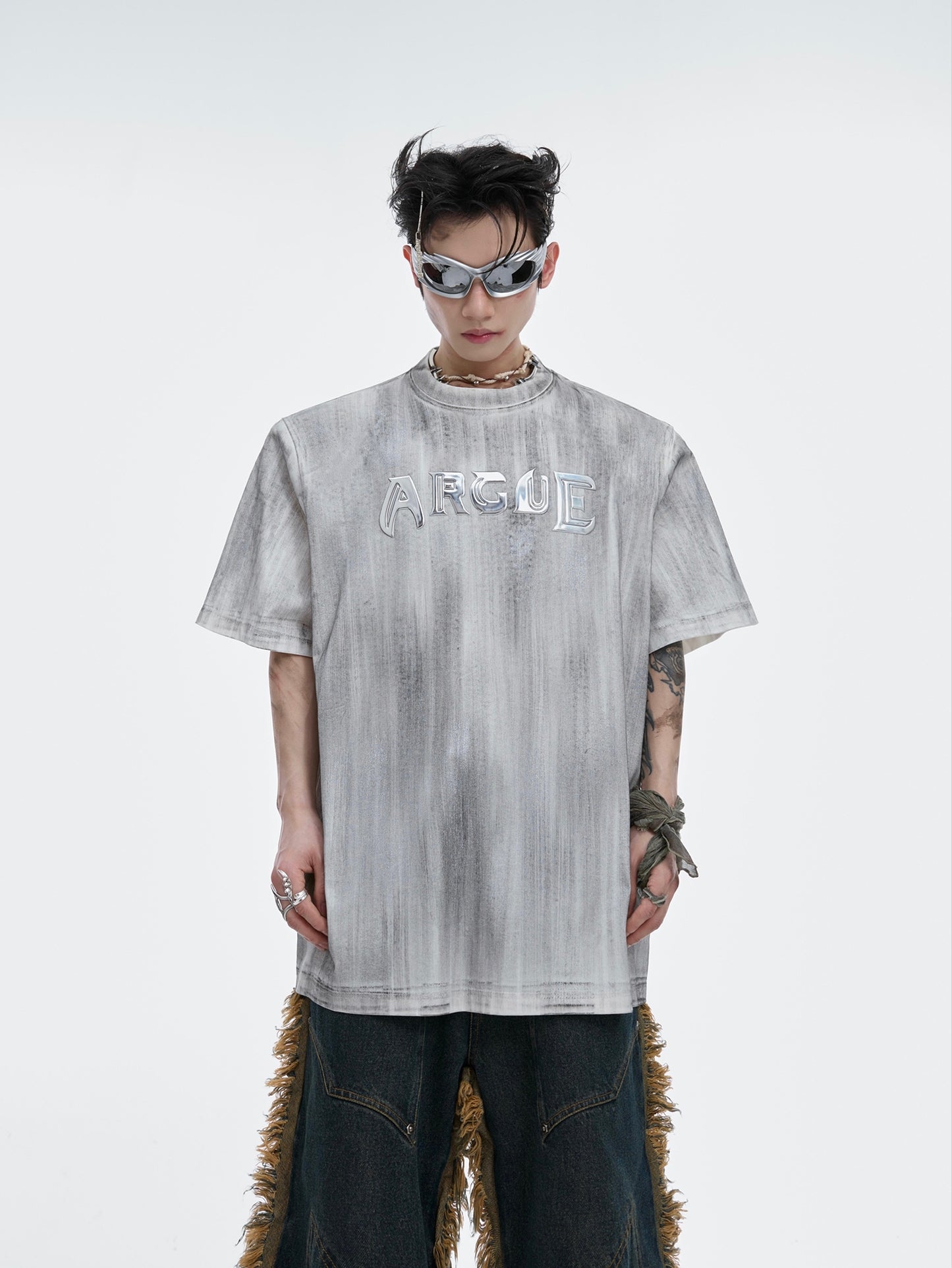 Oversize Silver Brush Short Sleeve Three-dimensional Metal Logo Shoulder Pad T-shirt WN6527