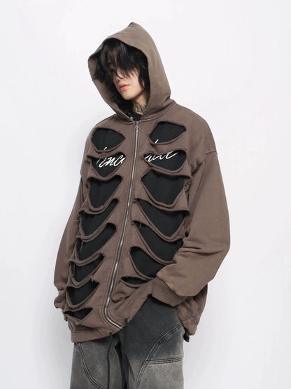 Hollow-Out Damage Design Zipper Hoodie WN10954