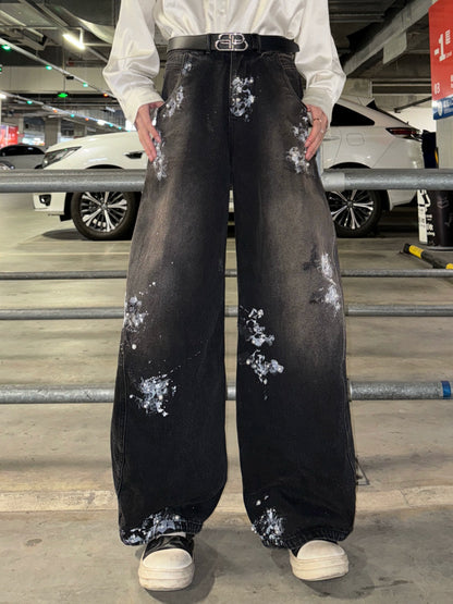 Paint Pearl Design Wide Leg Denim Jeans WN20730