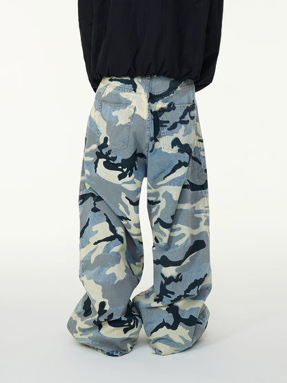 Camouflage Full Print Washed Wide Leg Baggy Dragging Denim Jeans WN16982