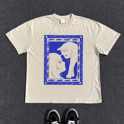 Cat Print Washed Short Sleeve T-Shirt WN15823