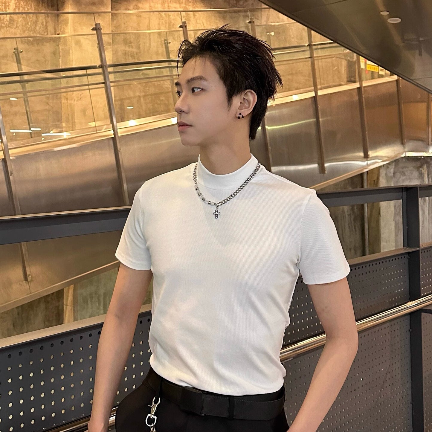 High-Neck Slim Short Sleeve T-Shirt WN25213