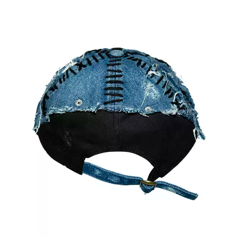 Patchwork Damage Denim Embroidery Washed Curved-Brim Cap WN21137