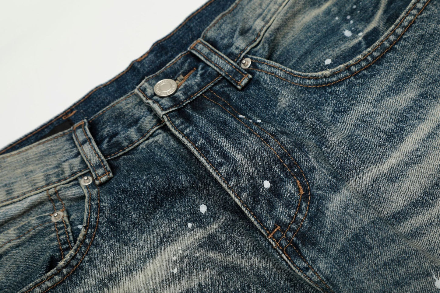 Washed Whisker Paint Splatter Curved Denim Jeans WN26141