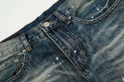 Washed Whisker Paint Splatter Curved Denim Jeans WN26141