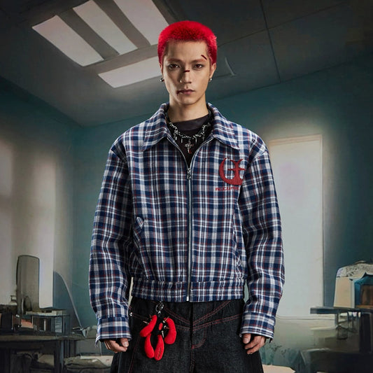 Embroidery Plaid Collar Short Zipper Jacket WN20598