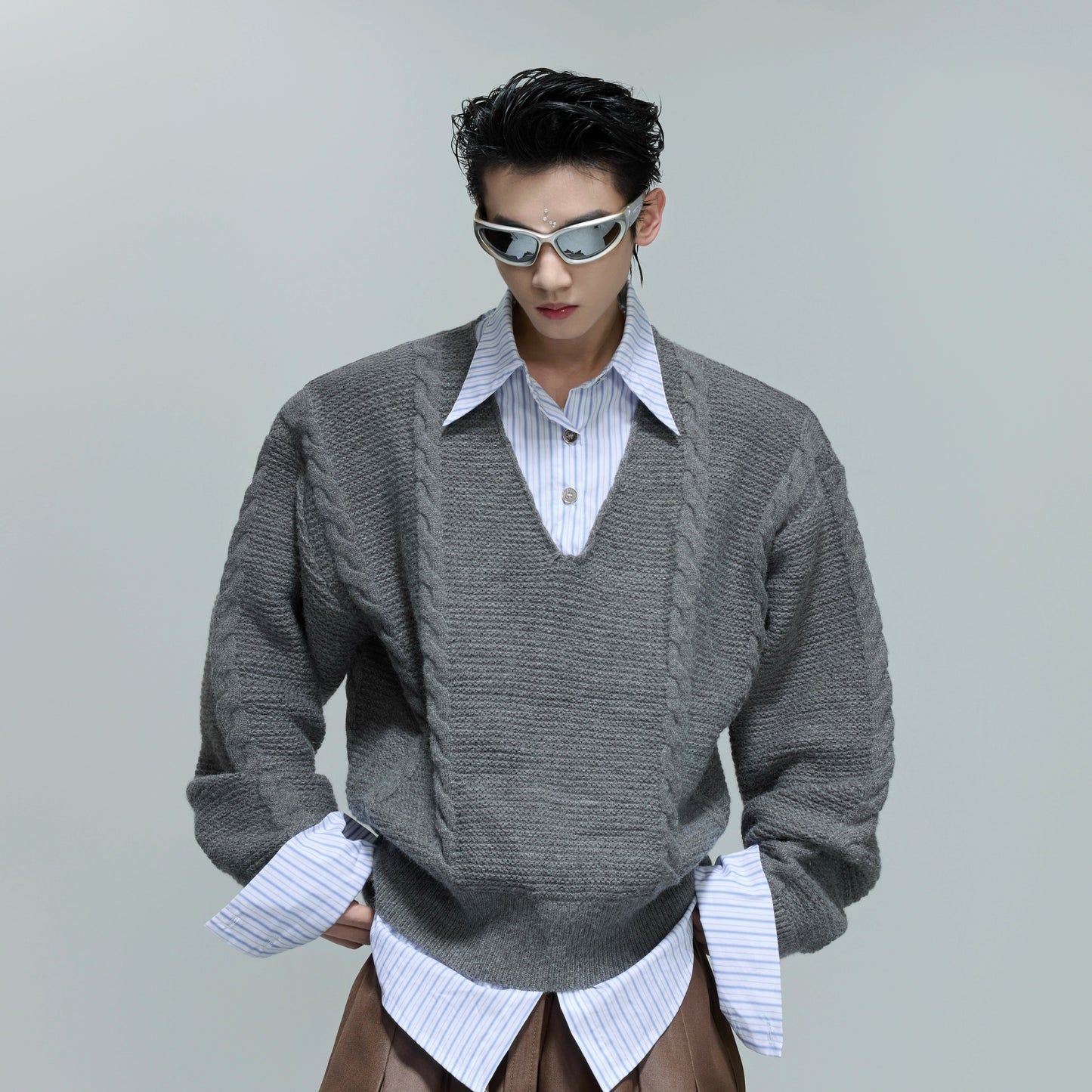 Fake Layered V-Neck Cable Knit Sweater WN21698