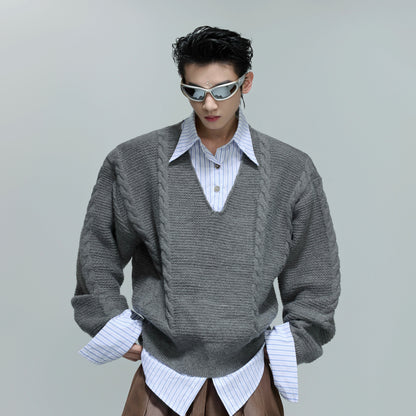 Fake Layered V-Neck Cable Knit Sweater WN21698
