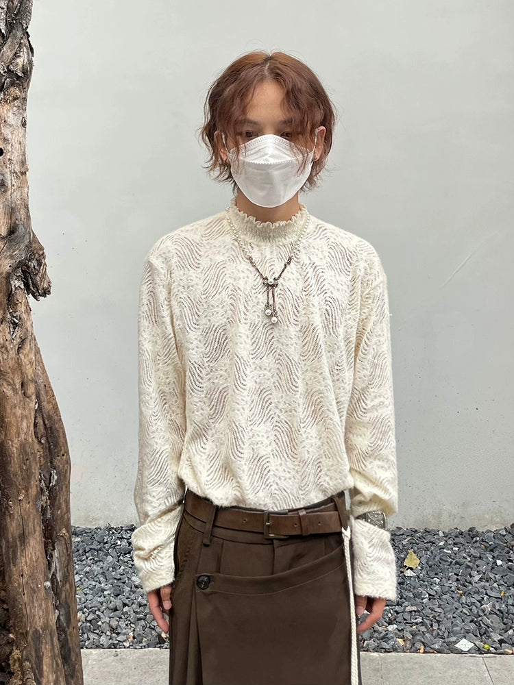 Brushed Lace Hollow High-Neck Long Sleeve T-Shirt WN20012