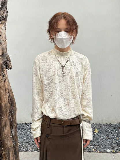 Brushed Lace Hollow High-Neck Long Sleeve T-Shirt WN20012