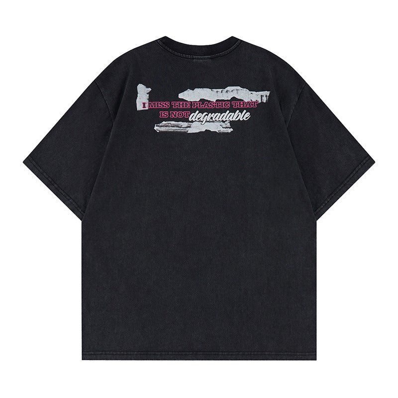 Washed Portrait Letter Print Short Sleeve T-Shirt WN25764
