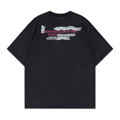 Washed Portrait Letter Print Short Sleeve T-Shirt WN25764