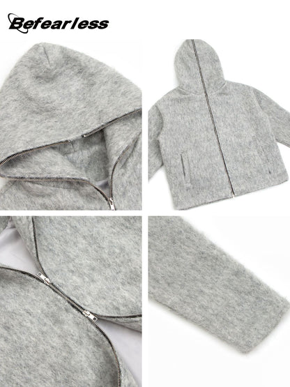 Wool Blend Full-Zip Boxy Hooded Jacket WN26382