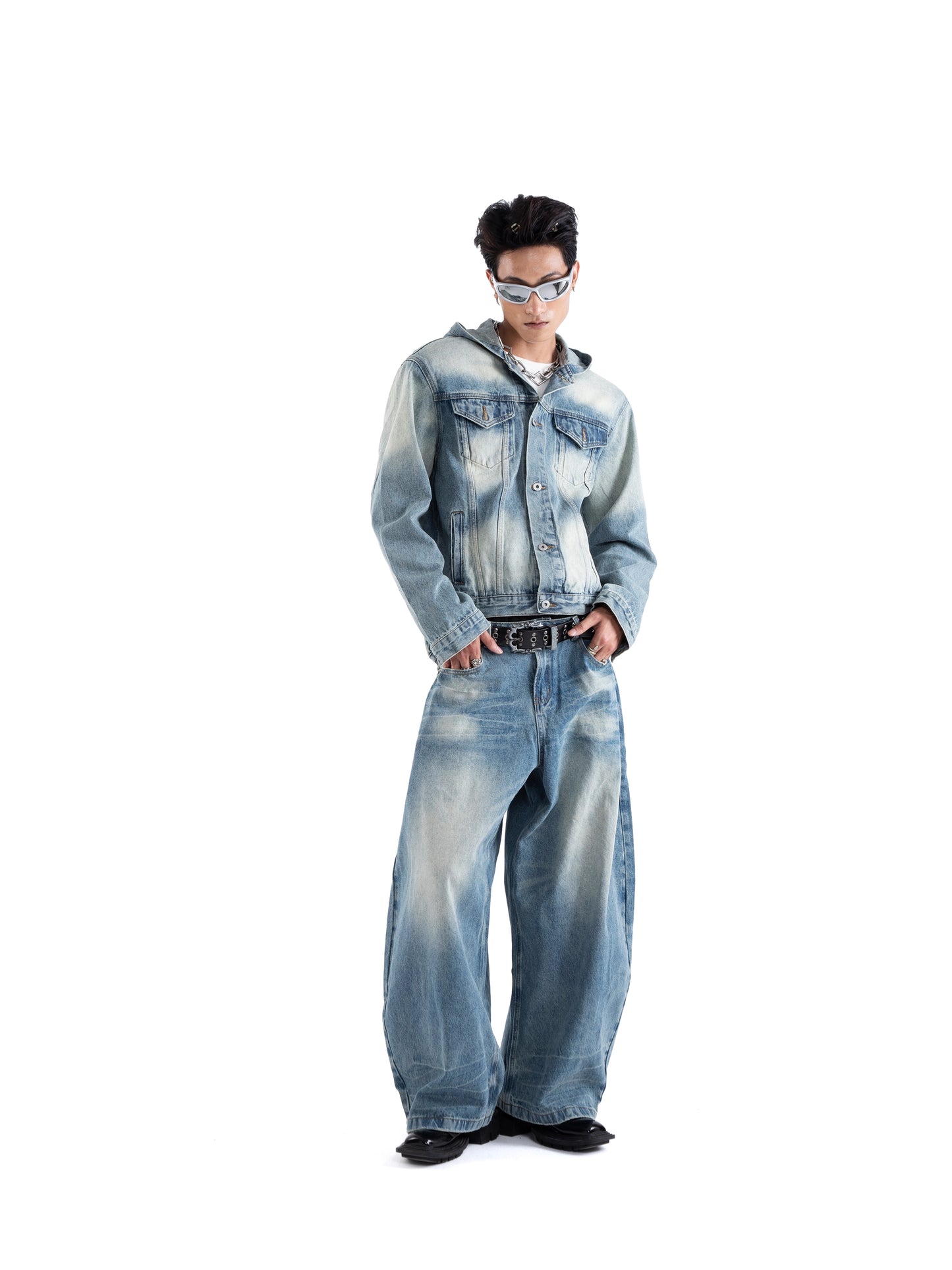 Washed Hooded Denim Jacket & Wide Leg Denim Jeans Setup WN20652