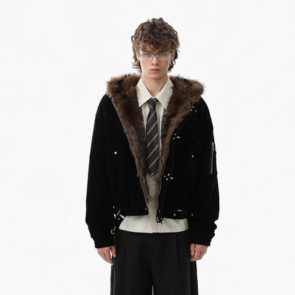 Hooded Fake Fur Collar Metal Buckle Jacket WN23092