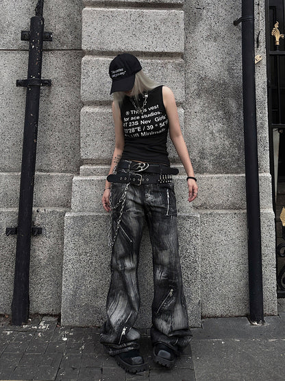Damage Wash Zipper Wide Leg Denim Jeans WN24178