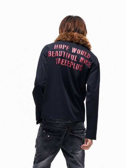 Graphic Print Detachable Fur Collar Long Sleeve T-Shirt WN27269