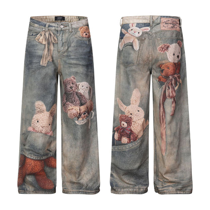 Washed 3D Graphic Print Wide Leg Denim Jeans WN26139