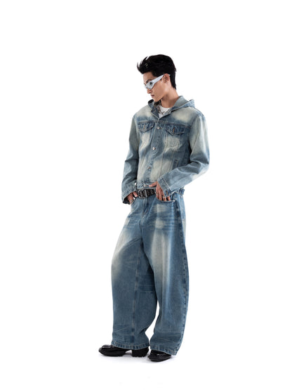 Washed Hooded Denim Jacket & Wide Leg Denim Jeans Setup WN20652