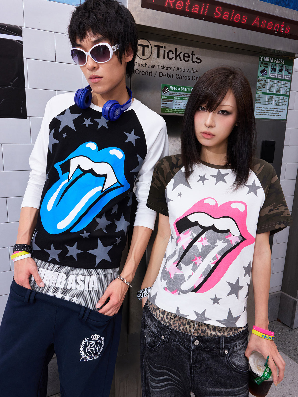 Raglan Camo Star Lip Graphic Print Long Sleeve T-Shirt & Short Sleeve Shirt WN27192