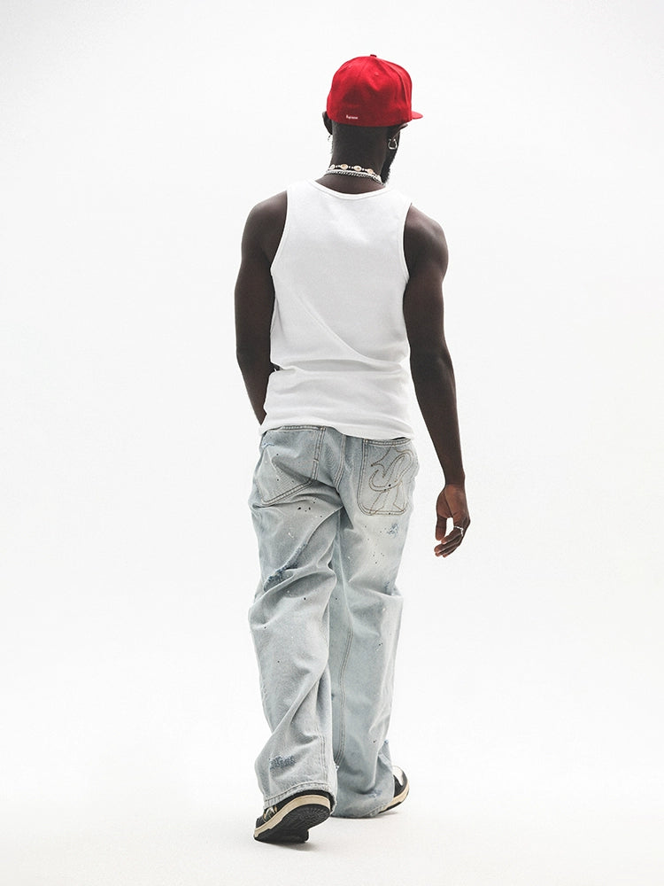 Damage Center Seam Washed Wide Leg Denim Jeans WN17791