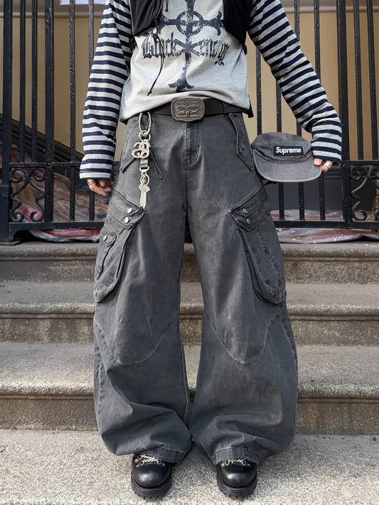 Washed Multi-Pocket Wide Leg Cargo Pants WN24391