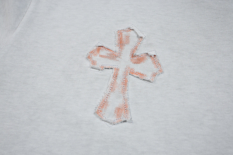 Washed Cross Applique Short Sleeve T-Shirt WN25439