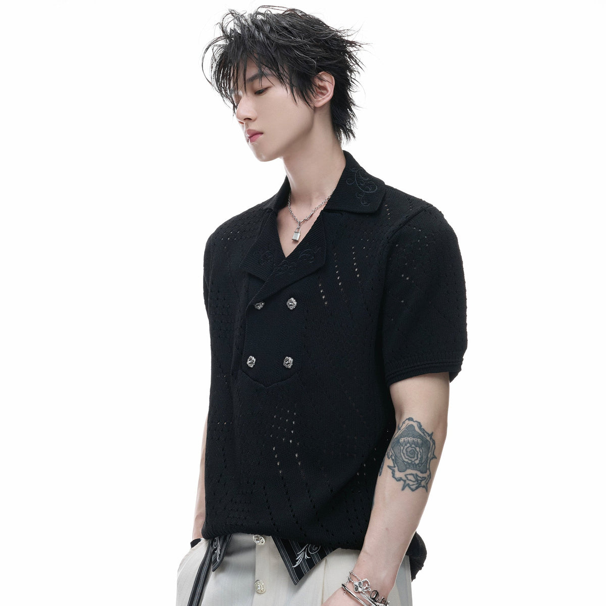 Openwork Embroidery Short Sleeve Summer Knit Shirt WN27017