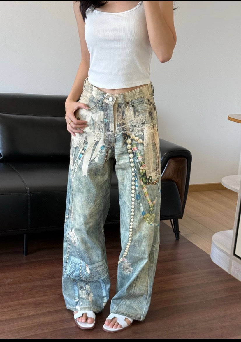 3D Print Washed Wide Leg Denim Jeans WN23038