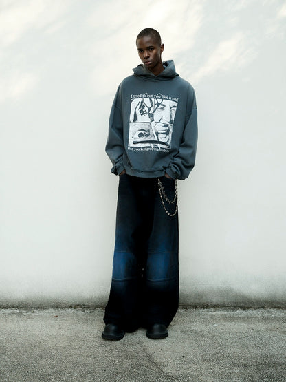 Washed Damage Art Print Gradient Pullover Hoodie WN21305