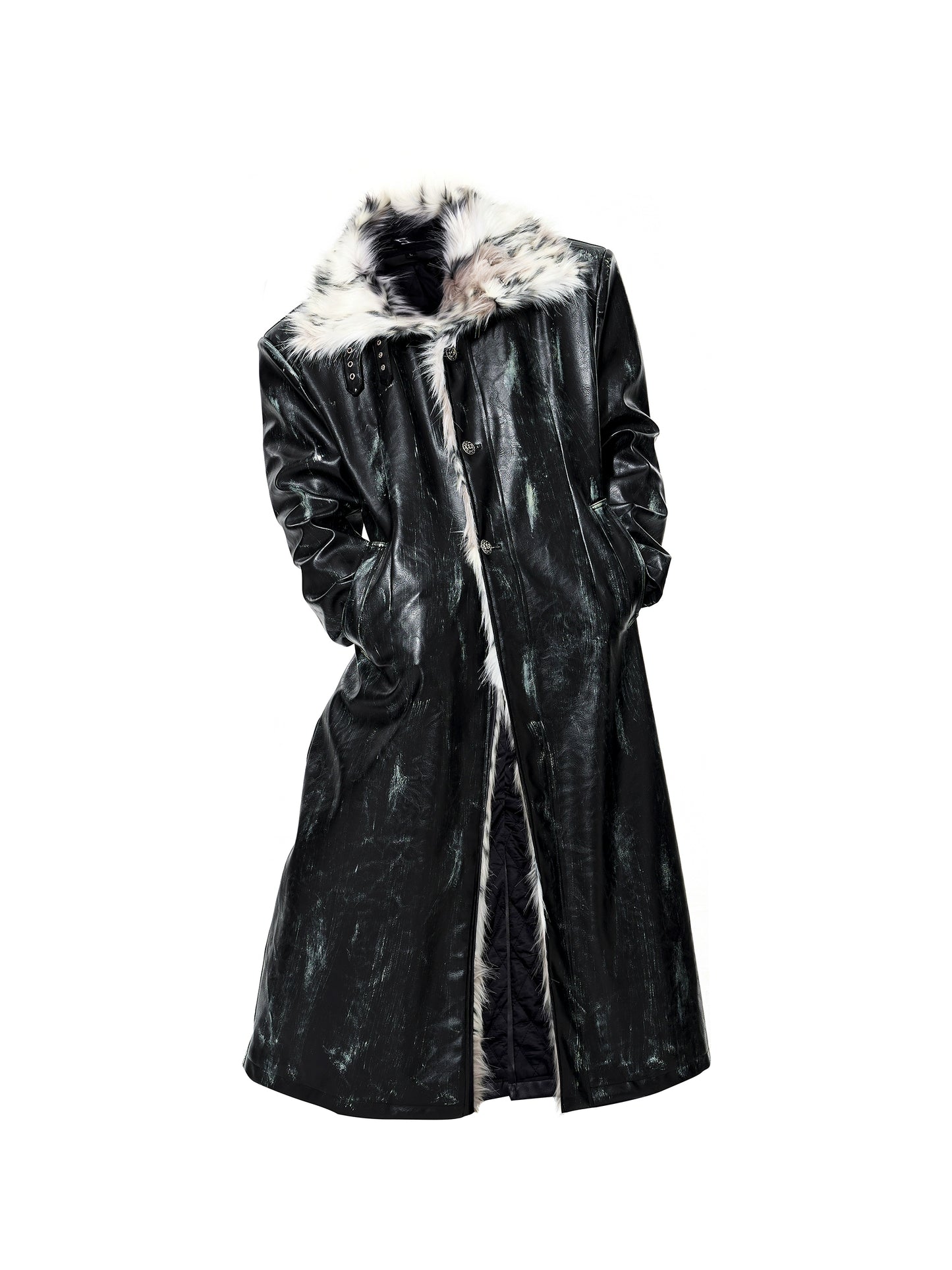 Paint Damage Stand Neck Fake Fur Coat WN22640
