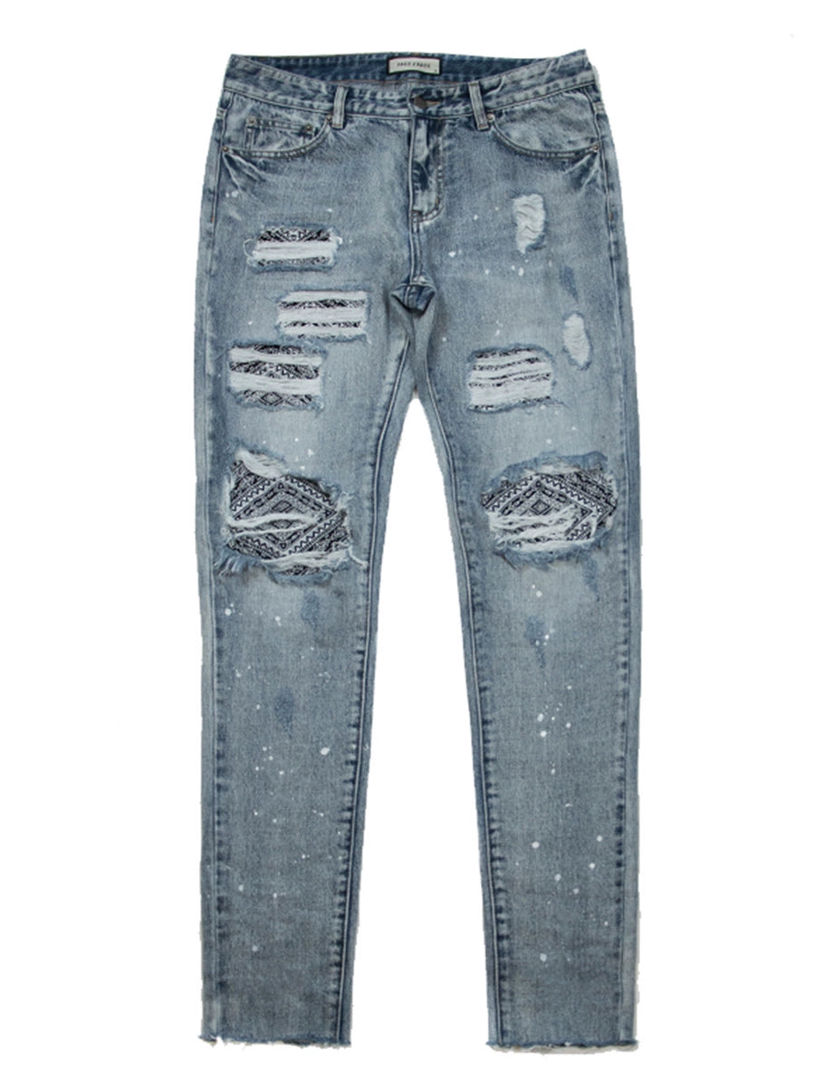 Patchwork Damage Wash Straight Denim Jeans WN12259