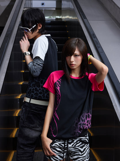 Raglan Leopard Letter Print Short Sleeve T-Shirt WN27236
