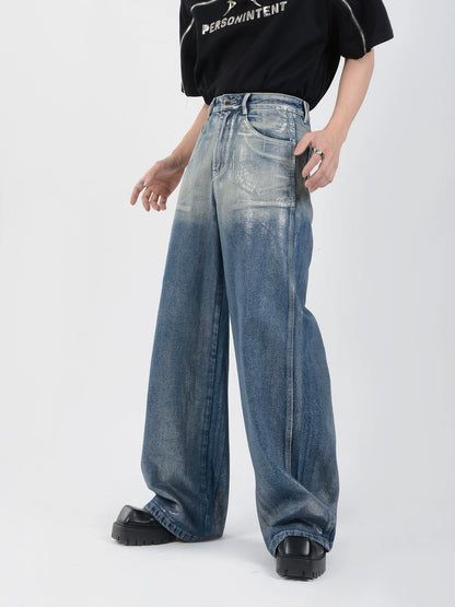 Liquid Coated Design Wide-Leg Straight Denim Jeans WN6086