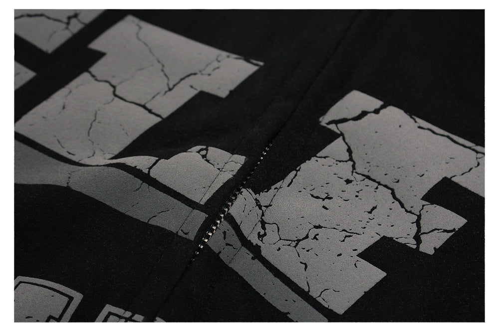 Suede Panel Letter Print Zipper Hoodie WN26524