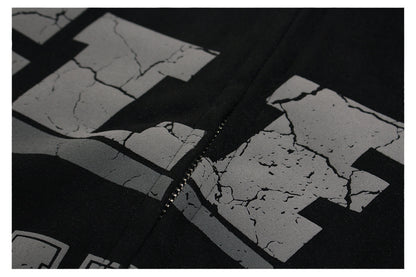 Suede Panel Letter Print Zipper Hoodie WN26524